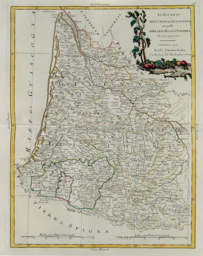 Styring af Guyenne og Gascogne med Bearn og Nedre Navarra, gravering af G. Zuliani hentet fra Tome I af det nyeste atlas udgivet i Venedig i 1776 af Antonio Zatta, privat samling af G. Zuliani