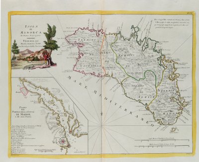 Øen Menorca og planen for havnen og byen Mahon og dens forter, gravering af G. Zuliani taget fra Tome I af "Nyeste Atlas", udgivet i Venedig i 1778 af Antonio Zatta, Privat Samling af G. Zuliani