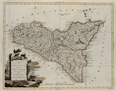 Øen Sicilien, opdelt i dets dale, gravering af G. Zuliani taget fra Tome II af det nyeste atlas udgivet i Venedig i 1782 af Antonio Zatta, Privat Samling af G. Zuliani
