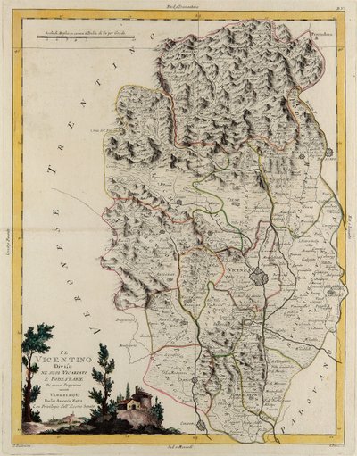 Landområde i staten Veneto: område af Vicenza opdelt i dets bispedømmer og magistrater, gravering af G. Zuliani taget fra Tome II af "Nyeste Atlas", udgivet i Venedig i 1782 af Antonio Zatta, Privat Samling af G. Zuliani