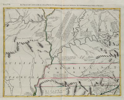 Cherokees land med den vestlige del af North Carolina og Virginia, gravering af G. Zuliani hentet fra Tome I af "Newest Atlas" udgivet i Venedig i 1778 af Antonio Zatta, Private Collection af G. Zuliani