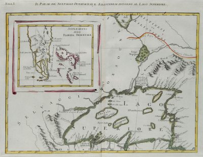 Ottawa- og Kilistine-indianernes land omkring Lake Superior og et supplement fra det østlige Florida, gravering af G. Zuliani hentet fra Tome I af "Newest Atlas" udgivet i Venedig i 1778 af Antonio Zatta, Private Collection af G. Zuliani