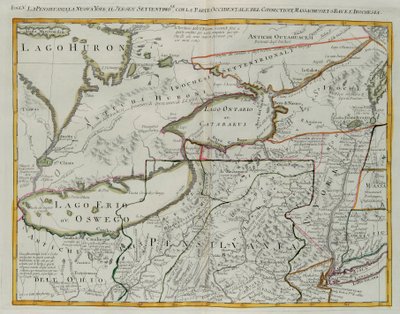 Pennsylvania, New York, det sydlige New Jersey, med den vestlige del af Connecticut, Massachusetts Bay og Land of the Iroquois, gravering af G. Zuliani taget fra Tome I af "Newest Atlas" udgivet i Venedig i 1778 af Antonio Zatta, Privat Samling af G. Zuliani
