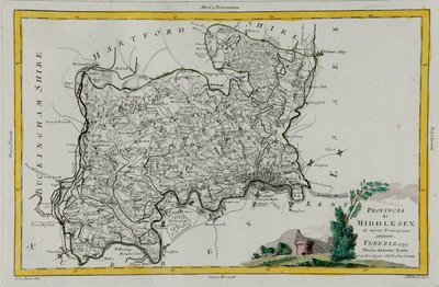 Province of Middlesex, gravering af G. Zuliani taget fra Tome I af "Newest Atlas" udgivet i Venedig i 1779 af Antonio Zatta, Privat Samling af G. Zuliani
