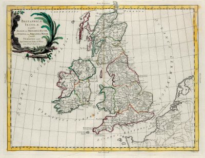 De britiske øer, hvori findes Albion eller Greater Britain og Ivernia eller Lesser Britain, gravering af G. Zuliani taget fra Tome I of the Newest Atlas udgivet i Venedig i 1785 af Antonio Zatta af G. Zuliani