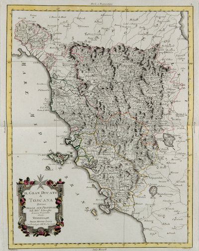 Storhertugdømmet Toscana opdelt i sine provinser, gravering af G. Zuliani taget fra Tome II af "Nyeste Atlas", udgivet i Venedig i 1783 af Antonio Zatta, Privat Samling af G. Zuliani