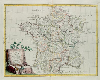 Kongeriget Frankrig delte sig i sine regeringer, gravering af G. Zuliani hentet fra Tome I af det nyeste atlas udgivet i Venedig i 1776 af Antonio Zatta, Privat Samling af G. Zuliani