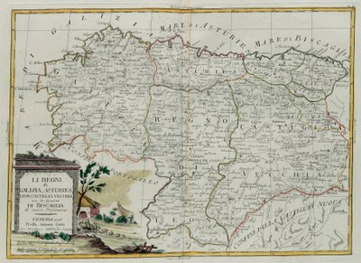Kongerigerne Galicien, Asturies, Leon, Castilla Vieja med Biscallia-rådet, gravering af G. Zuliani hentet fra Tome I af det nyeste atlas udgivet i Venedig i 1776 af Antonio Zatta, Priva af G. Zuliani