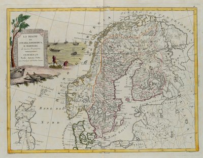Kongerigerne Sverige, Danmark og Norge, gravering af G. Zuliani hentet fra Tome III i "Nyeste Atlas", udgivet i Venedig i 1781 af Antonio Zatta, Privat Samling af G. Zuliani