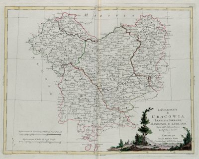 Pfalzerne i Krakow, Leczyca, Sieradz, Sandomir og Lublin, gravering af G. Zuliani hentet fra Tome III i "Nyeste Atlas" udgivet i Venedig i 1781 af Antonio Zatta, Privat Samling af G. Zuliani