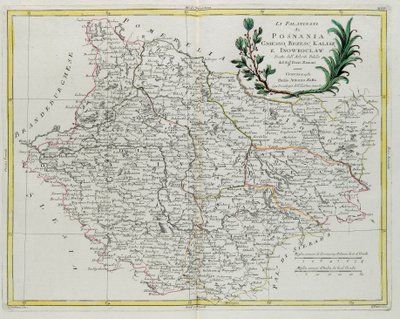 Pfalzerne i Posnania, Gniesno, Brzesc, Kalisz og Inovroclav, indgraveret af G. Zuliani, hentet fra bind III af "Newest Atlas" udgivet i Venedig i 1781 af Antonio Zatta, Privat Samling af G. Zuliani
