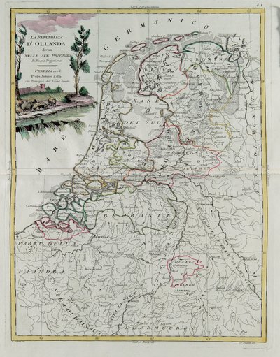 Republikken Holland opdelt i sine provinser, gravering af G. Zuliani hentet fra Tome I af det nyeste atlas udgivet i Venedig i 1776 af Antonio Zatta, Privat Samling af G. Zuliani