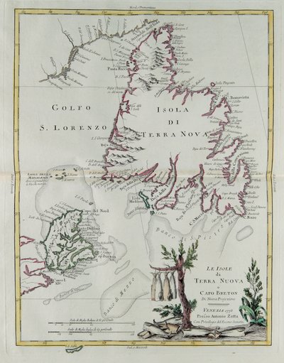 Øerne Newfoundland og Cape Breton, gravering af G. Zuliani taget fra Tome I af "Newest Atlas" udgivet i Venedig i 1778 af Antonio Zatta, Privat Samling af G. Zuliani