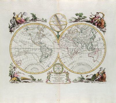 Verdenskort og en generel beskrivelse af kloden, gravering af G. Zuliani hentet fra Tome I of the Newest Atlas udgivet i Venedig i 1774 af Antonio Zatta af G. Zuliani
