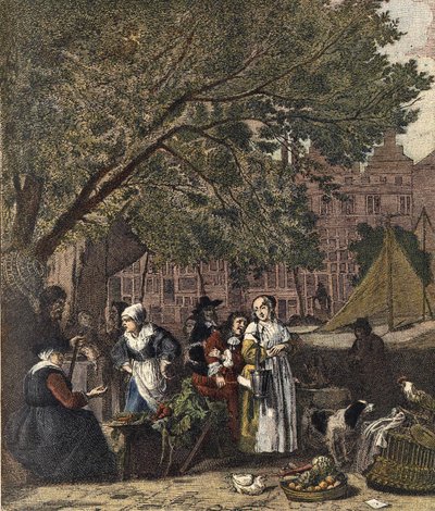 Amsterdam Urtemarked. Gravering 1800-tallet efter maleriet af Gabriel Metsu (1629-1667). af Gabriel (after) Metsu