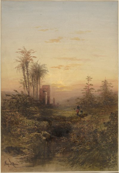 Solnedgang i et orientalsk landskab af Gabriel Hippolyte Lebas
