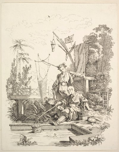 En kinesisk mand og kvinde, der fisker ved en fiskedam, 1700-tallet. af Gabriel Huquier