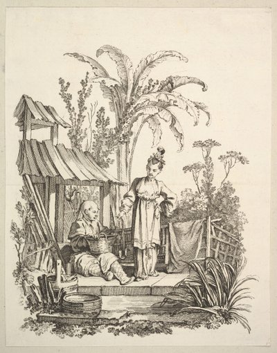 En siddende kinesisk mand og en kvinde, der bærer en fisk, ca. 1742. af Gabriel Huquier