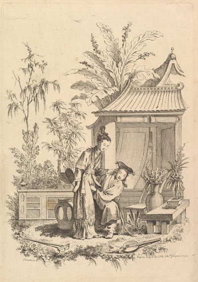 Chinoiserie-scene med figurer i et landskab, 1700-tallet. af Gabriel Huquier