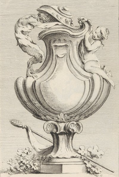 Design til en vase med en faun og en nymfe, fra Livre de Vases Book of Vases, plade 1..., 1742-50. af Gabriel Huquier