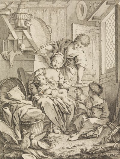 Plade 1: Ung kvinde fodrer sit spædbarn, fra Premier Livre de Subjects et Pastorales Fi..., 1720-72. af Gabriel Huquier
