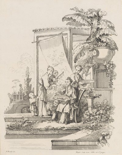 Siddende kvinde med børn og tjenere, ca. 1738-45. af Gabriel Huquier