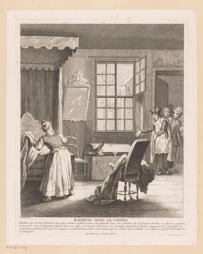 Slaapkamerinterieur mødte Ragotin i en kiste Sladder i bagagerummet (titel på objekt) Scener fra Roman Comique van Scarron (serietitel) af Gabriel Huquier