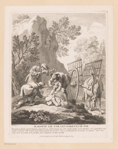 Sovende ragotin bundet og kidnappet Ragotin lié par les forældre du fol (titel på objekt) Scener fra Scarrons Roman Comique (serietitel) af Gabriel Huquier