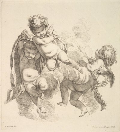 Tre børn blandt skyer, der bærer et draperi, 1738-45. af Gabriel Huquier