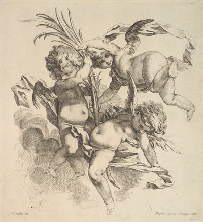 Tre børn blandt skyer nær et palmeblad, 1738-45. af Gabriel Huquier