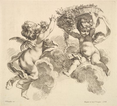 To børn, det ene holder en kurv med blomster, 1738-45. af Gabriel Huquier