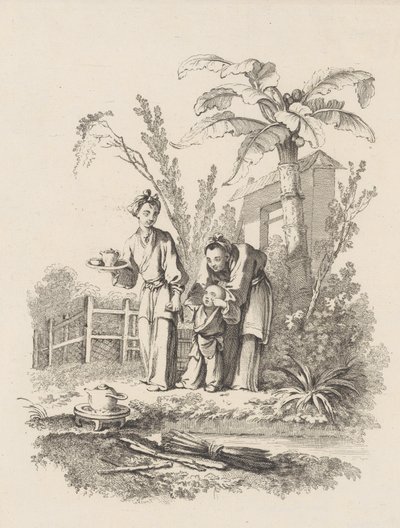 To kvinder fører et barn mod en tekande på et bord nær en dam, ca. 1742. af Gabriel Huquier