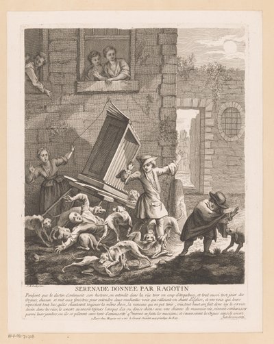 Afbrydelse af gadehundes orgelspil Serenade donnée par Ragotin (titel på objekt) Scener fra Scarrons Roman Comique (serietitel) af Gabriel Huquier