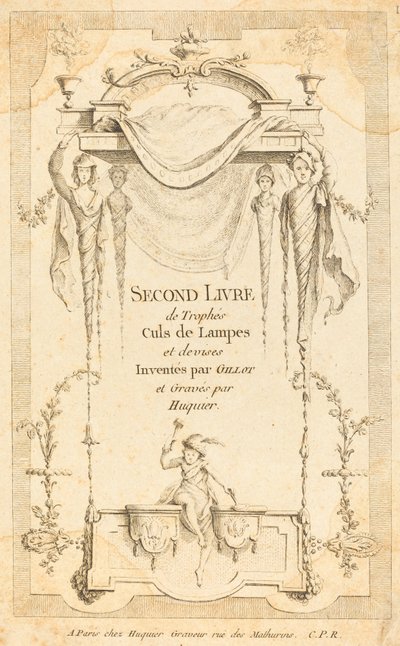 Anden bog med ender af lamper og valutatrofæer: Titelside af Gabriel Huquier after Claude Gillot