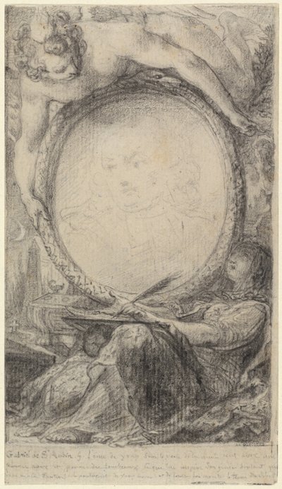Allegorisk ramme med et geni og en tilsløret kvinde, der skriver af Gabriel Jacques de Saint Aubin