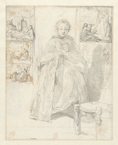 Studieark med en læsende kvinde og nogle skitser af Gabriel Jacques de Saint Aubin