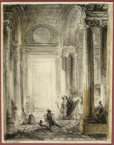 Indgangen til Arkitektakademiet ved Louvre af Gabriel Jacques de Saint Aubin