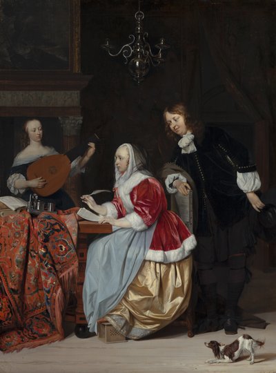 En ung kvinde komponerer et stykke musik af Gabriel Metsu
