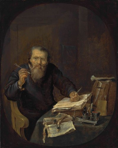 En notar, der spidser sin pen, i et interiør af Gabriel Metsu