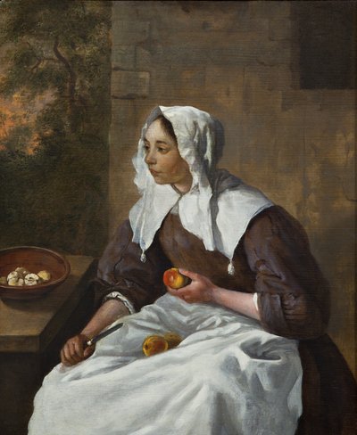 Danish: En pige, der skræller æbler Girl Peeling Apples af Gabriel Metsu