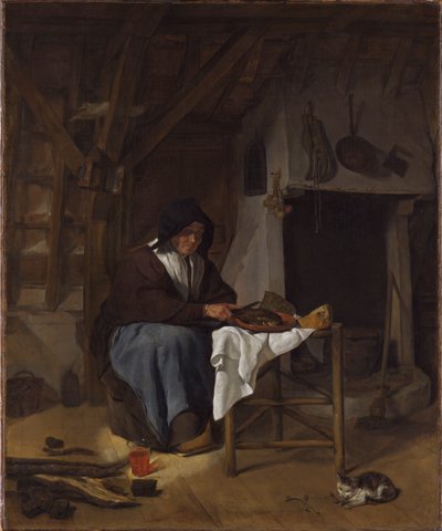 Gammel kvinde ved sit måltid i et interiør af Gabriel Metsu