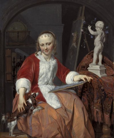 Portræt af Isabella de Wolff (....-1718) som kunstner af Gabriel Metsu