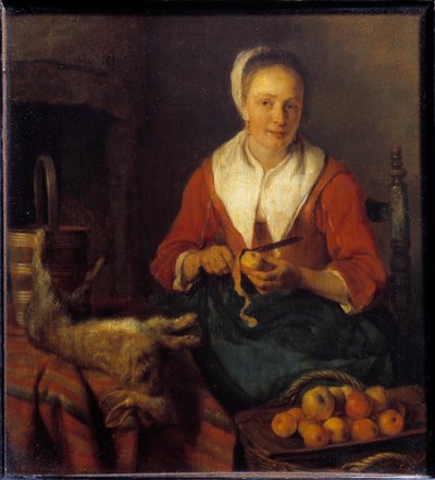 Æbleskrællen. En kvinde skræller æbler for at lave mad med en kanin. Maleri af Gabriel Metsu (1629-1667) Ec. Hol. af Gabriel Metsu