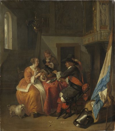 Et kortspil - Et kortspil, af Metsu, Gabriel (1629-1667). olie på træ af Gabriel Metsu