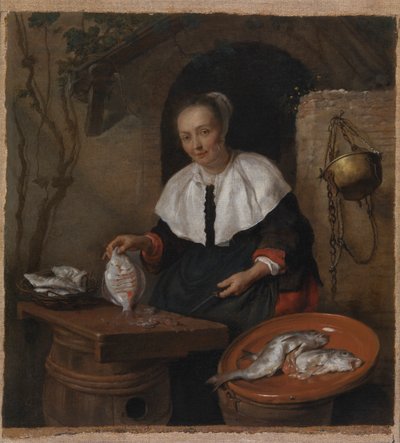 Kvinde renser fisk af Gabriel Metsu