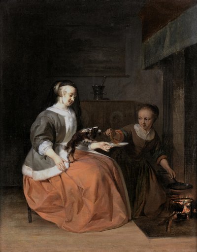 Ung kvinde og tjenestepige fodrer en hund med en pandekage af Gabriel Metsu