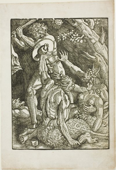 Hercules, Two Satyrs, and a Woman, tallerken to fra The Labors of Hercules af Gabriel Salmon