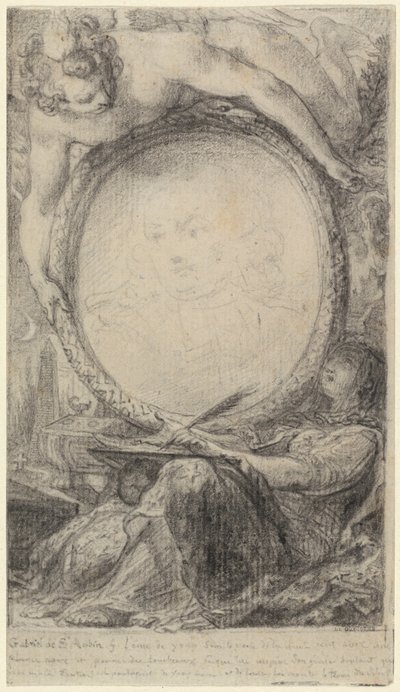 Allegorisk ramme med et geni og en tilsløret kvinde, der skriver, ca. 1769 (sort kridt på papir) af Gabriel de Saint-Aubin