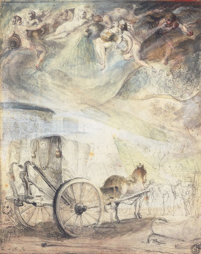 Regattaen: "Under en himmel, hvor naïderne hælder regn med vandkander, og hvor vinden blæser stormen, rykker jostere fra Seinen-regattaen frem, deres træspyd hviler på låret. I forgrunden står en vogn parkeret ved siden af en anker" af Gabriel de Saint-Aubin