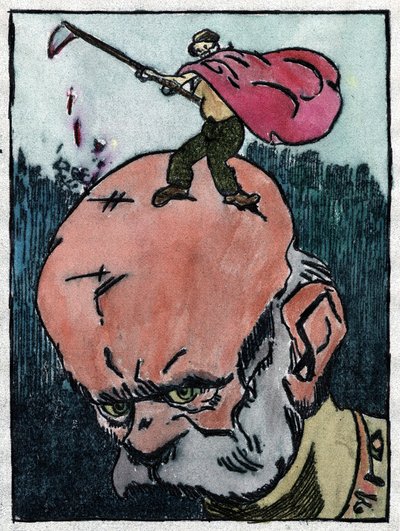 Franz Joseph I af Østrig med døden på sit hoved, der udbryder Sikke et hårdt hoved! 1915 (gravering) af Gabriele (1865-1937) Galantara